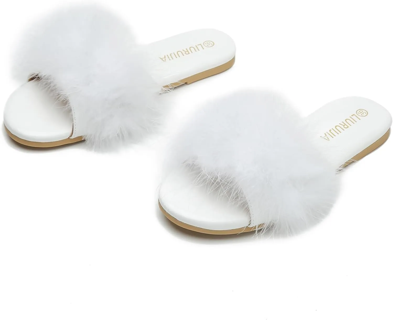 LIURUIJIA Women's Fluffy Feather Slippers Fur Slide Flat Sandals Cozy Slip On Stylish Summer Casual Party Indoor Outdoor Flats Shoes