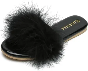 LIURUIJIA Women's Fluffy Feather Slippers Fur Slide Flat Sandals Cozy Slip On Stylish Summer Casual Party Indoor Outdoor Flats Shoes