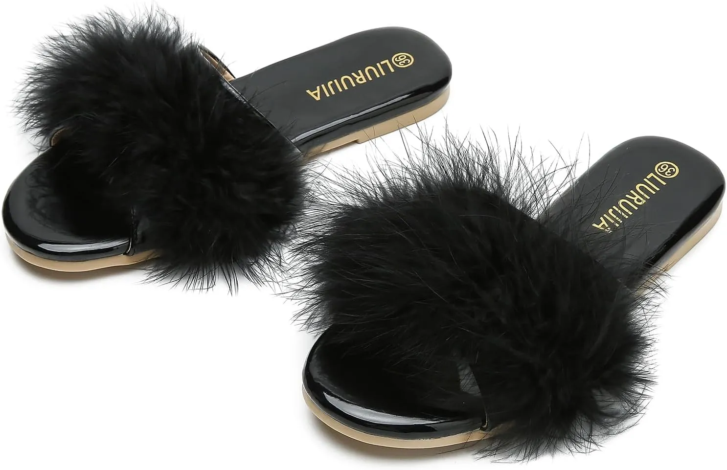 LIURUIJIA Women's Fluffy Feather Slippers Fur Slide Flat Sandals Cozy Slip On Stylish Summer Casual Party Indoor Outdoor Flats Shoes