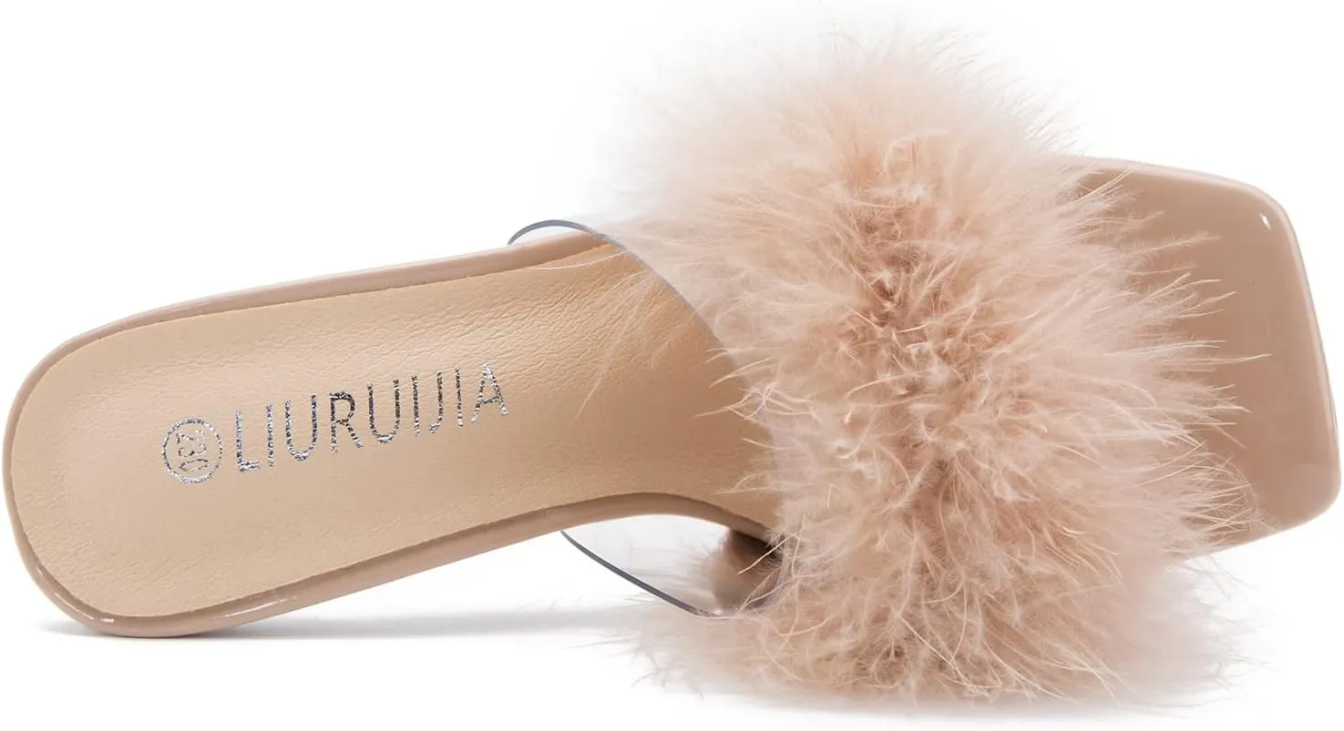 LIURUIJIA Women's Square Toe Feathers High Heels Fur Mules Sandals Fuzzy Fluffy Wedding Bridal Party Dress Shoes