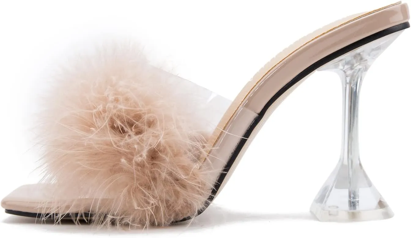 LIURUIJIA Women's Square Toe Feathers High Heels Fur Mules Sandals Fuzzy Fluffy Wedding Bridal Party Dress Shoes