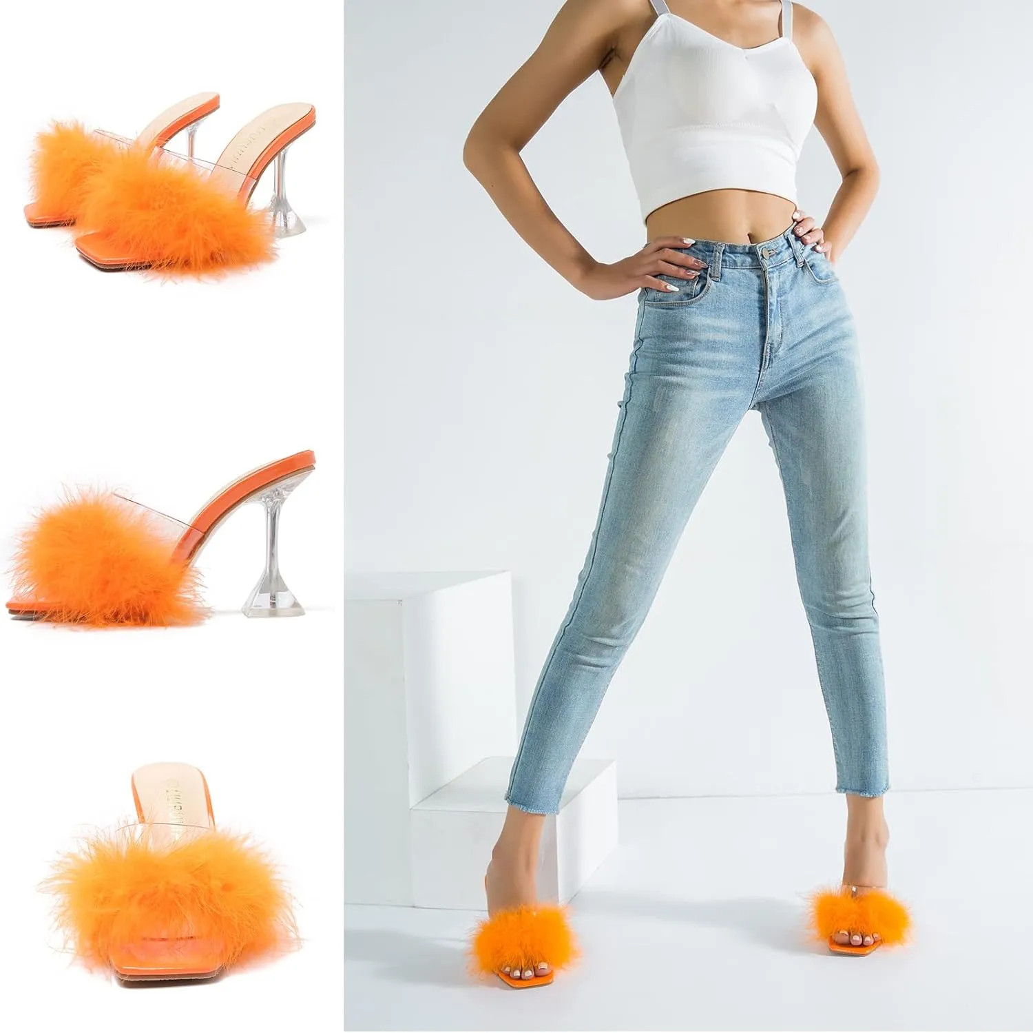 LIURUIJIA Women's Square Toe Feathers High Heels Fur Mules Sandals Fuzzy Fluffy Wedding Bridal Party Dress Shoes