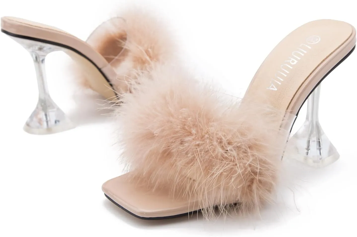 LIURUIJIA Women's Square Toe Feathers High Heels Fur Mules Sandals Fuzzy Fluffy Wedding Bridal Party Dress Shoes