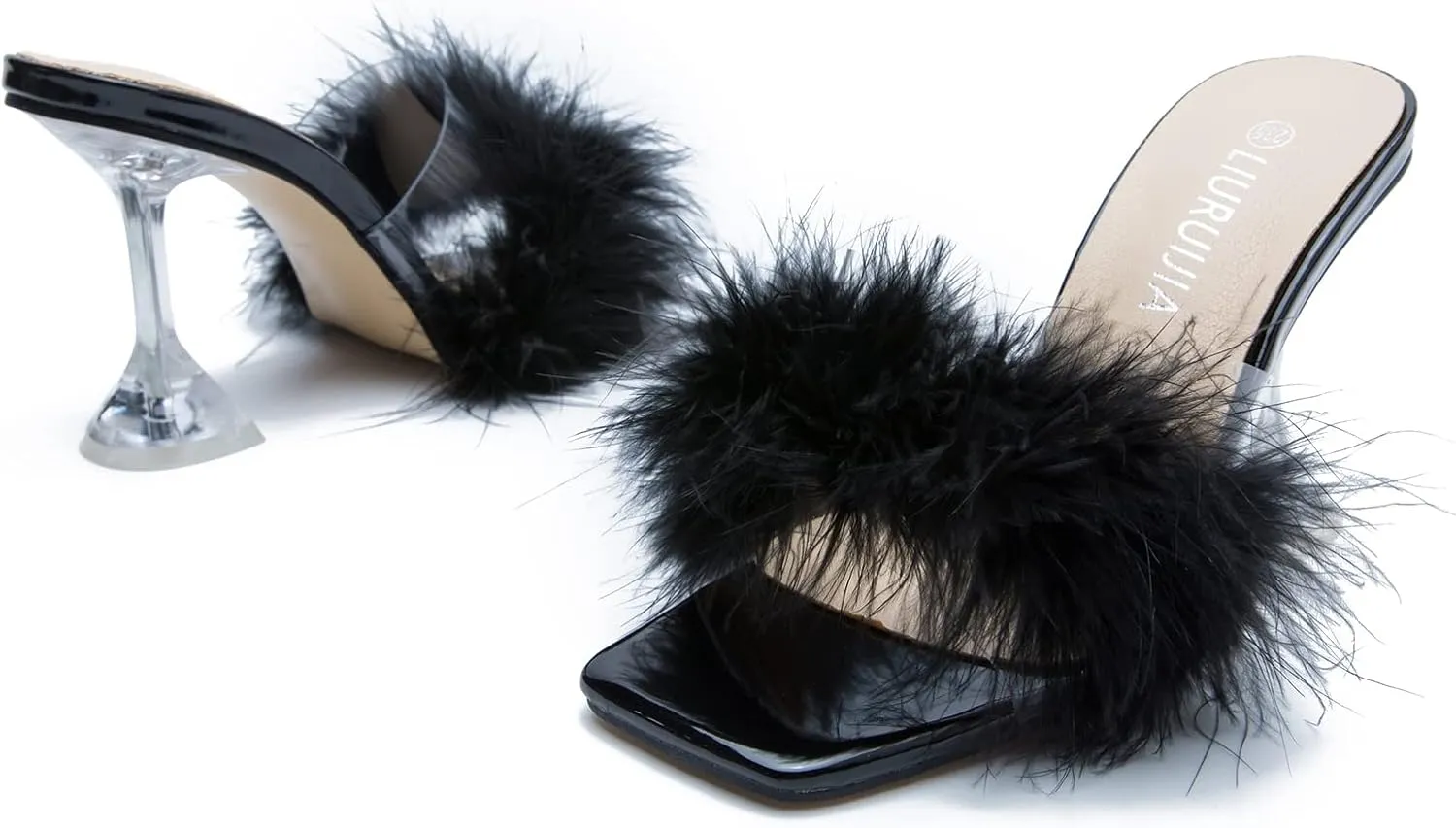 LIURUIJIA Women's Square Toe Feathers High Heels Fur Mules Sandals Fuzzy Fluffy Wedding Bridal Party Dress Shoes