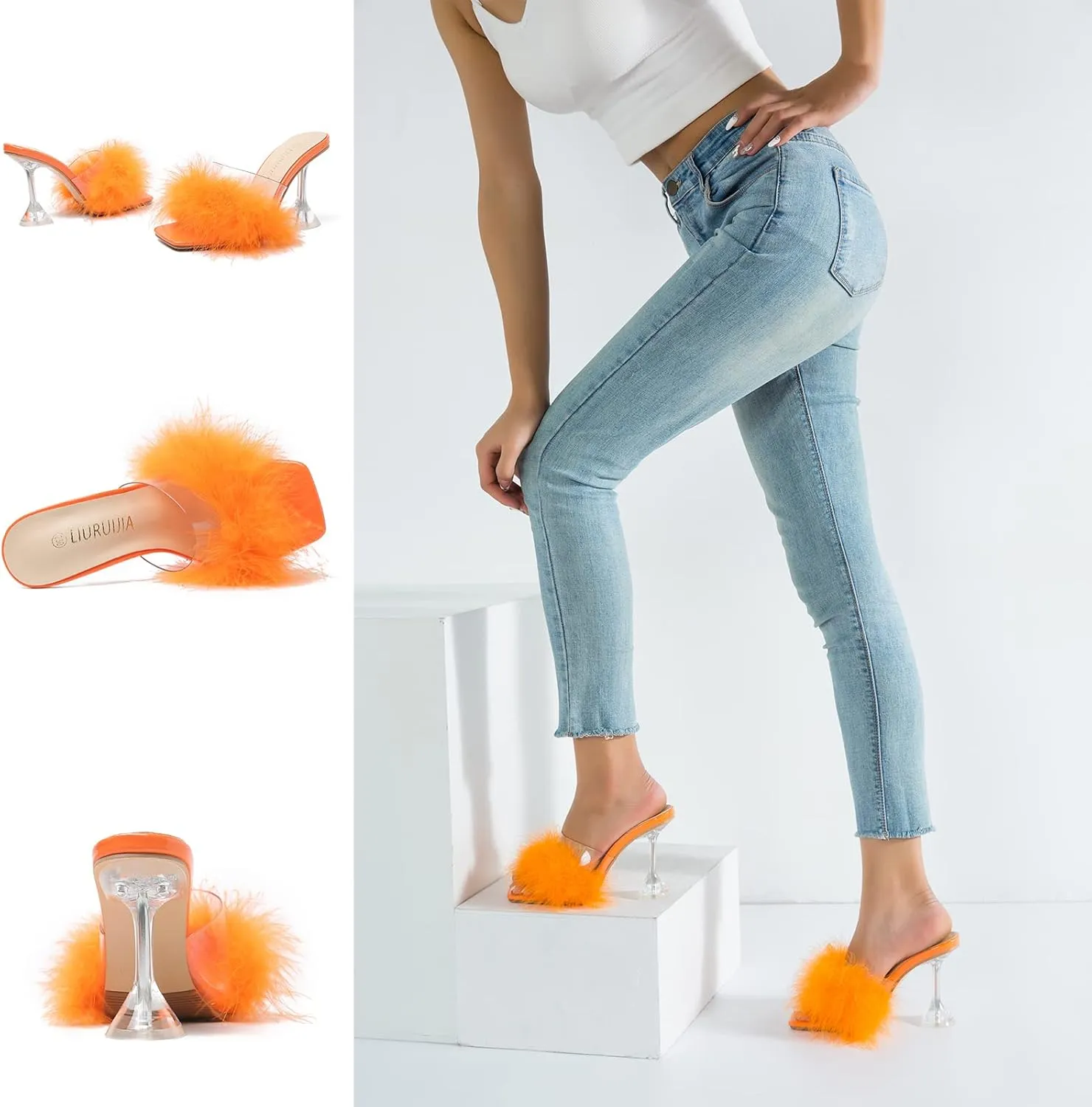 LIURUIJIA Women's Square Toe Feathers High Heels Fur Mules Sandals Fuzzy Fluffy Wedding Bridal Party Dress Shoes