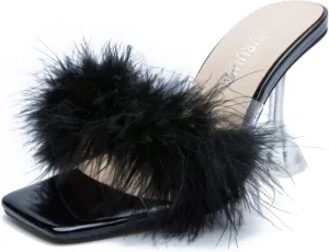 LIURUIJIA Women's Square Toe Feathers High Heels Fur Mules Sandals Fuzzy Fluffy Wedding Bridal Party Dress Shoes