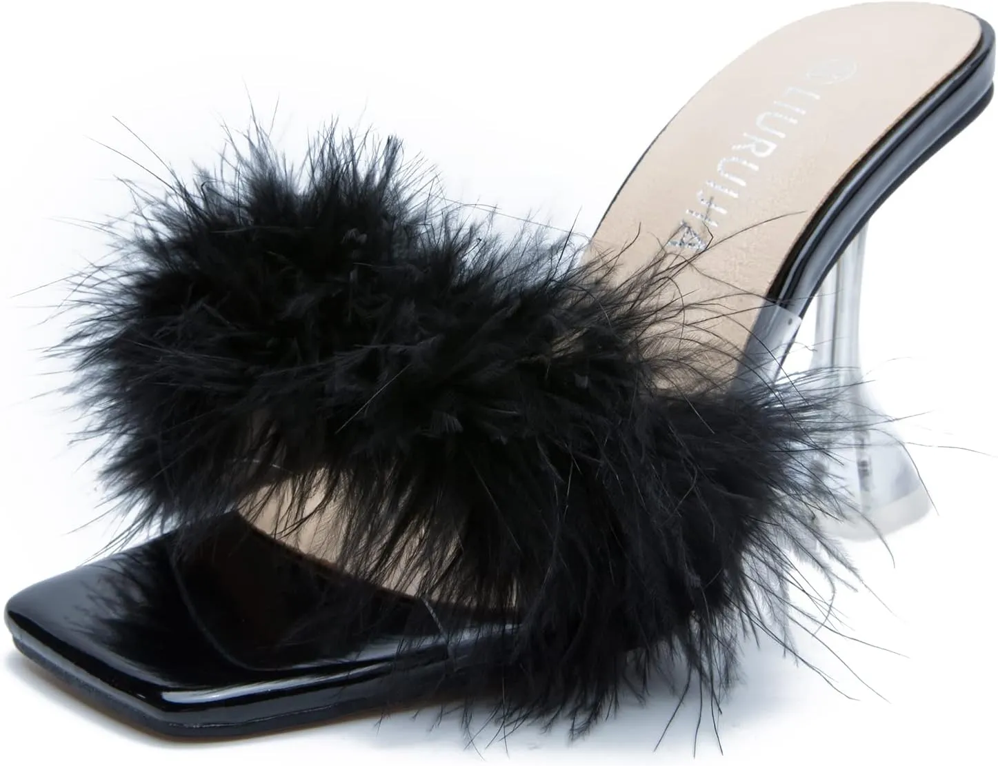 LIURUIJIA Women's Square Toe Feathers High Heels Fur Mules Sandals Fuzzy Fluffy Wedding Bridal Party Dress Shoes