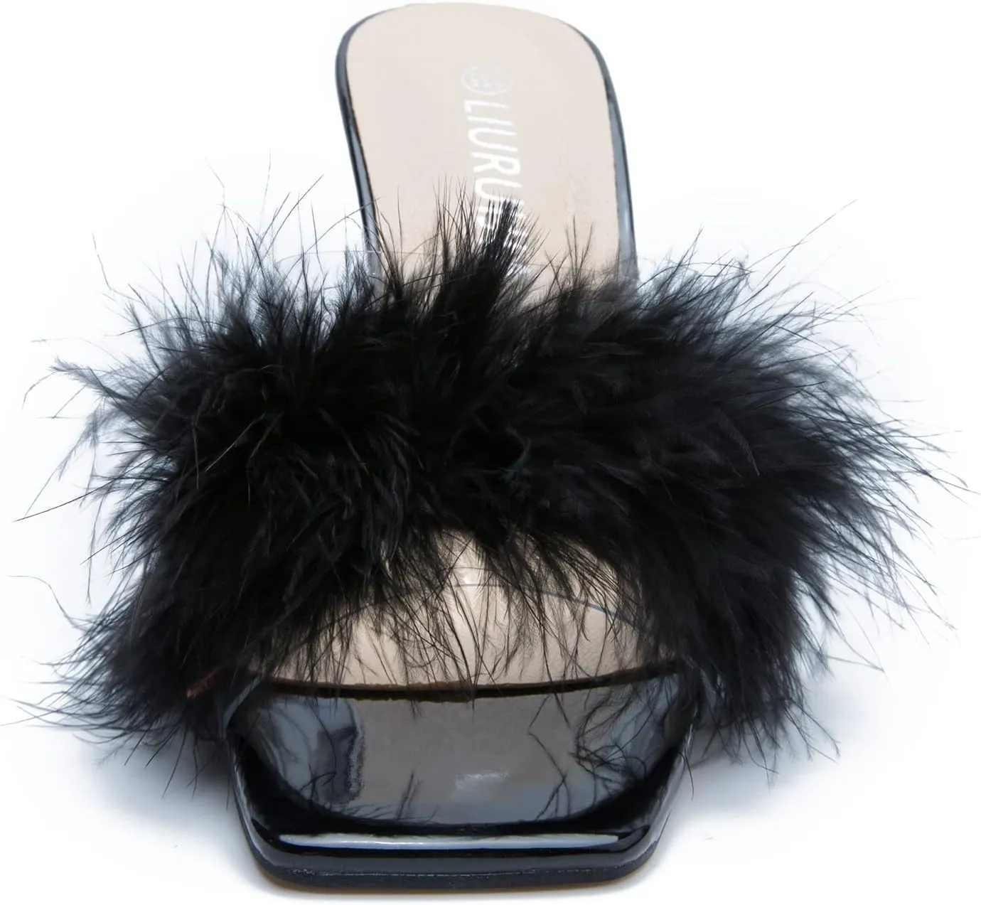 LIURUIJIA Women's Square Toe Feathers High Heels Fur Mules Sandals Fuzzy Fluffy Wedding Bridal Party Dress Shoes
