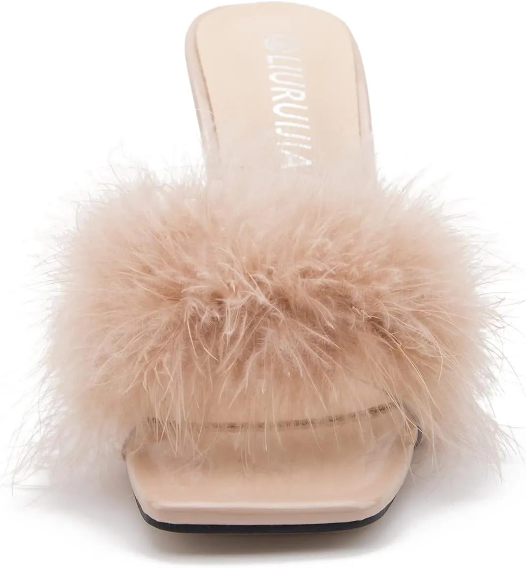 LIURUIJIA Women's Square Toe Feathers High Heels Fur Mules Sandals Fuzzy Fluffy Wedding Bridal Party Dress Shoes