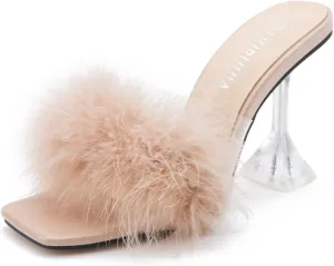 LIURUIJIA Women's Square Toe Feathers High Heels Fur Mules Sandals Fuzzy Fluffy Wedding Bridal Party Dress Shoes