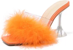 LIURUIJIA Women's Square Toe Feathers High Heels Fur Mules Sandals Fuzzy Fluffy Wedding Bridal Party Dress Shoes