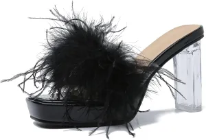 LIURUIJIA Women's Square Toe Platform Chunky Heel Slip on Sandals Feather Fuzzy Heels Mules Wedding Bridal Party Dress Shoes