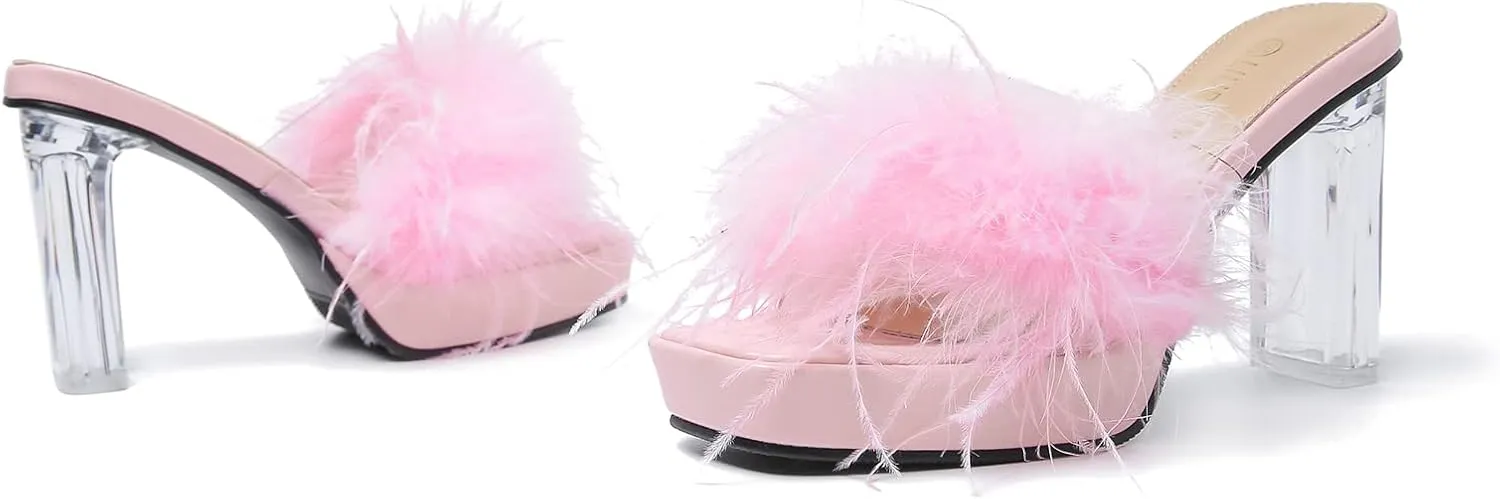 LIURUIJIA Women's Square Toe Platform Chunky Heel Slip on Sandals Feather Fuzzy Heels Mules Wedding Bridal Party Dress Shoes