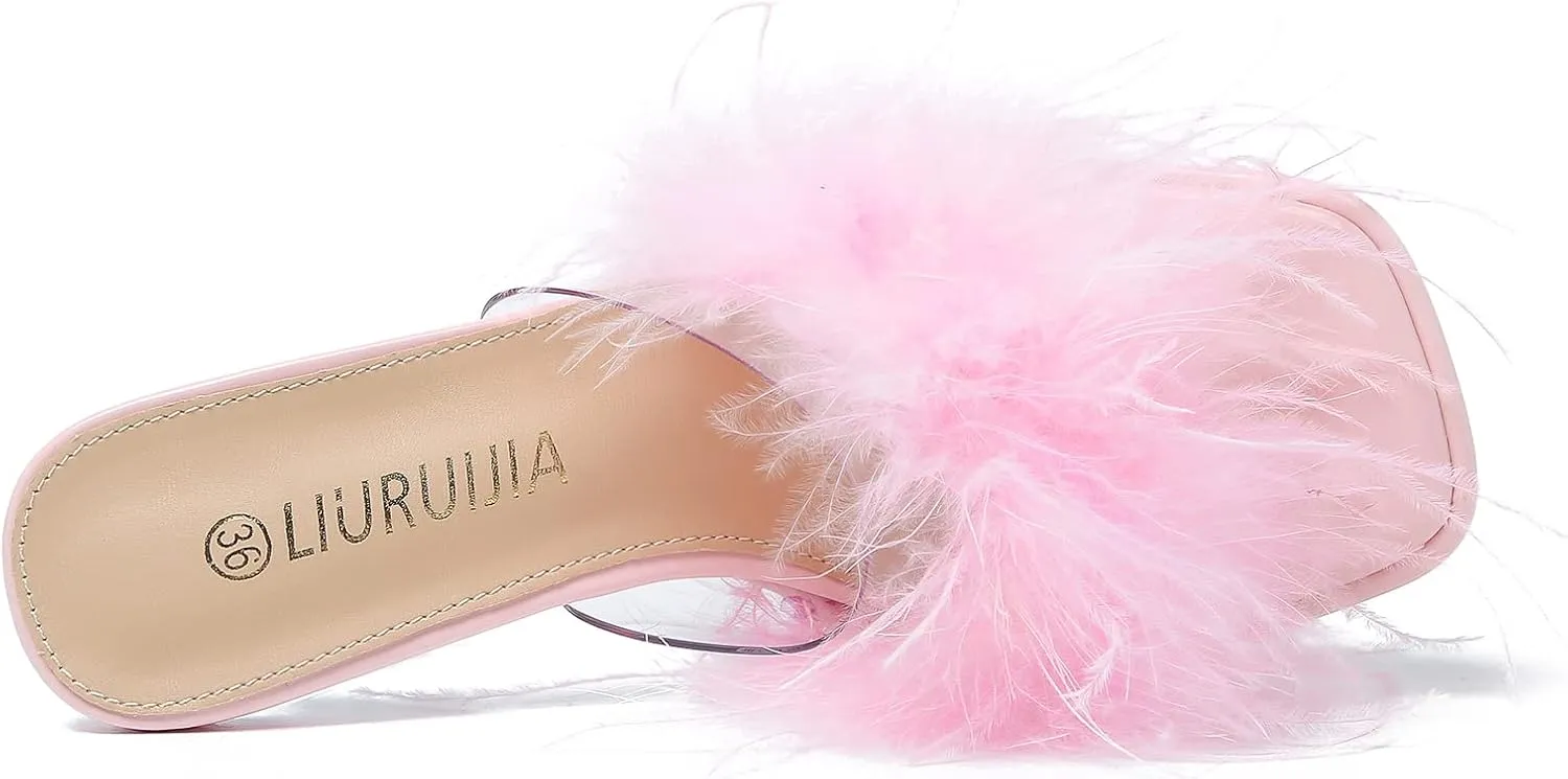 LIURUIJIA Women's Square Toe Platform Chunky Heel Slip on Sandals Feather Fuzzy Heels Mules Wedding Bridal Party Dress Shoes