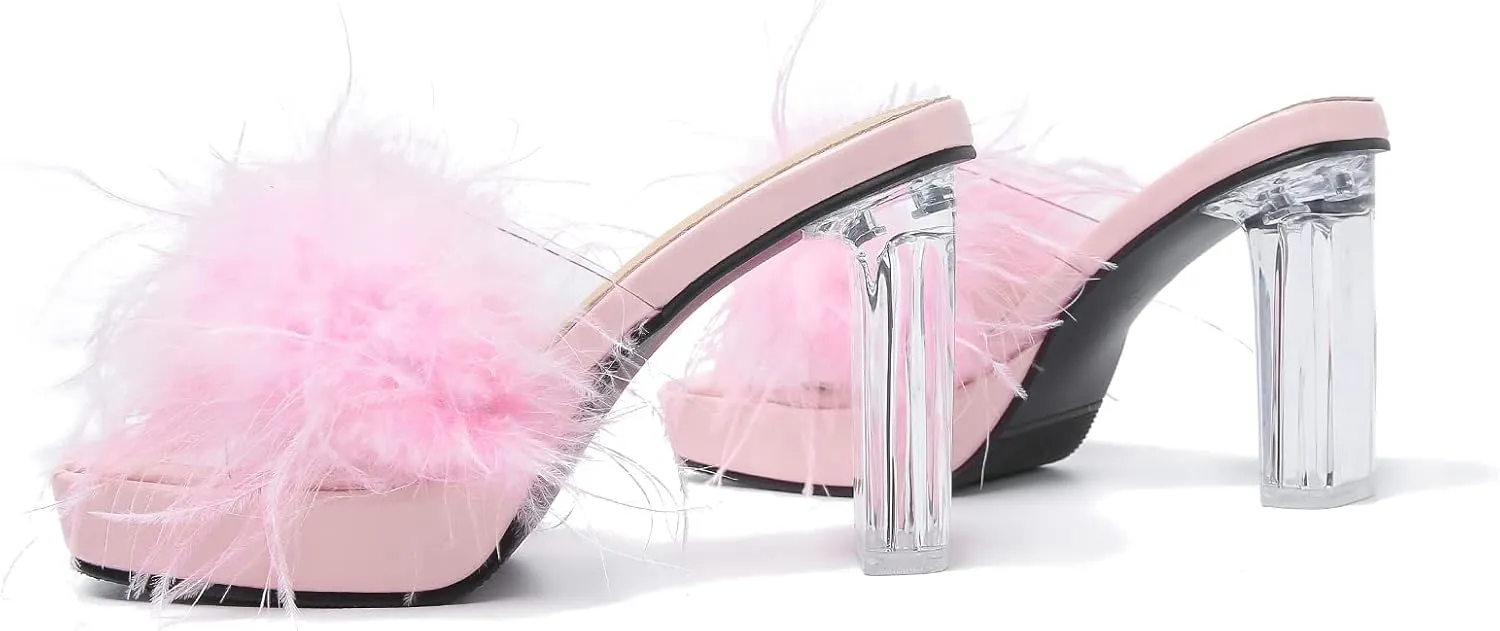 LIURUIJIA Women's Square Toe Platform Chunky Heel Slip on Sandals Feather Fuzzy Heels Mules Wedding Bridal Party Dress Shoes