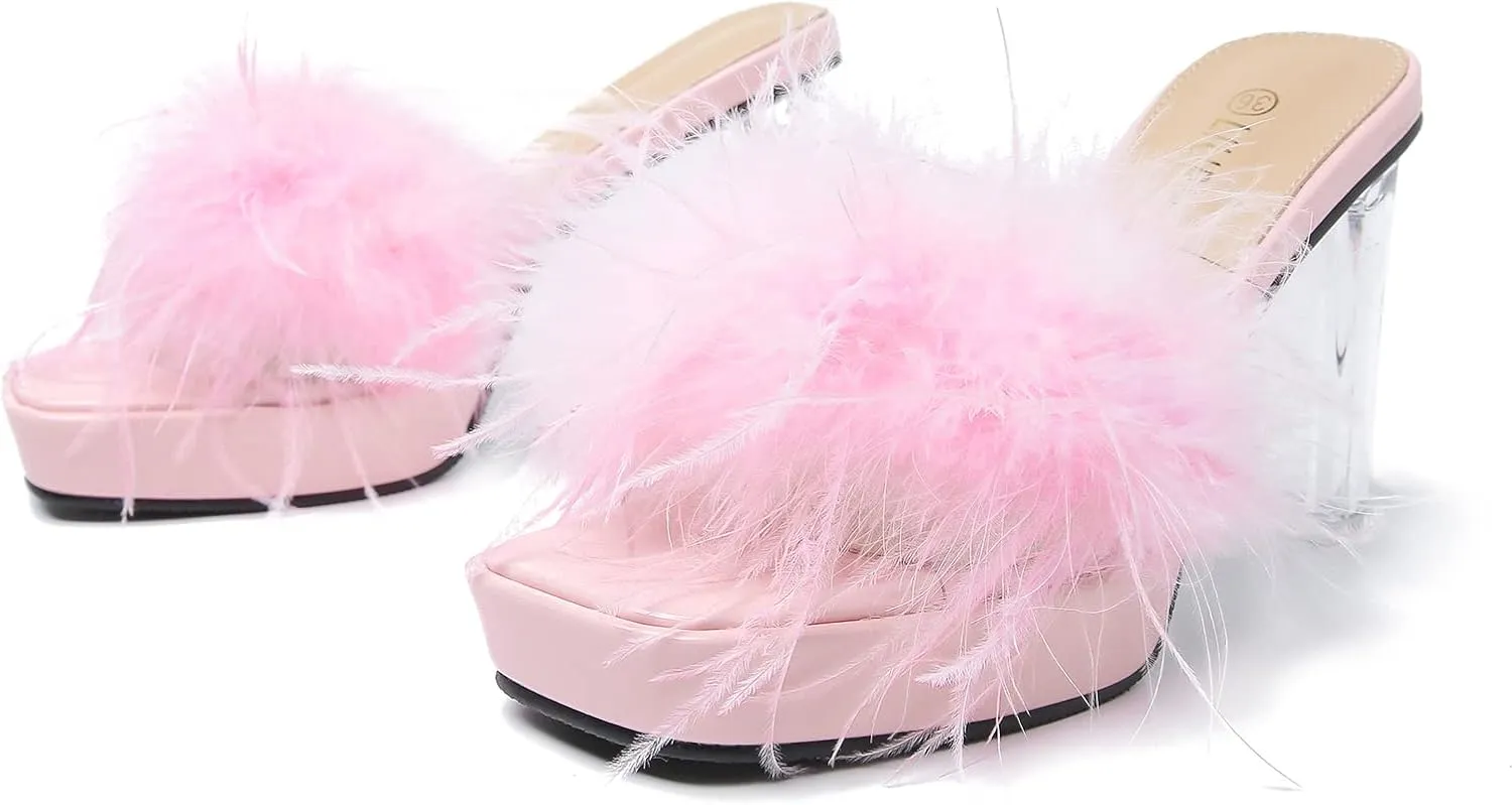 LIURUIJIA Women's Square Toe Platform Chunky Heel Slip on Sandals Feather Fuzzy Heels Mules Wedding Bridal Party Dress Shoes