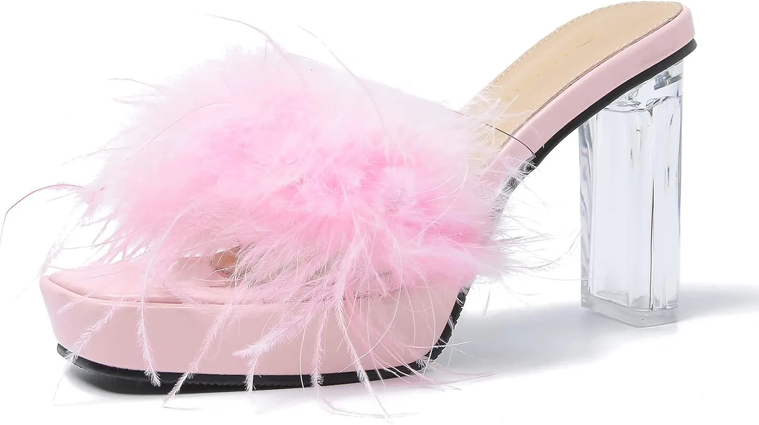 LIURUIJIA Women's Square Toe Platform Chunky Heel Slip on Sandals Feather Fuzzy Heels Mules Wedding Bridal Party Dress Shoes