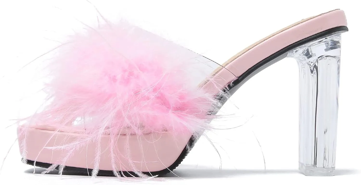 LIURUIJIA Women's Square Toe Platform Chunky Heel Slip on Sandals Feather Fuzzy Heels Mules Wedding Bridal Party Dress Shoes