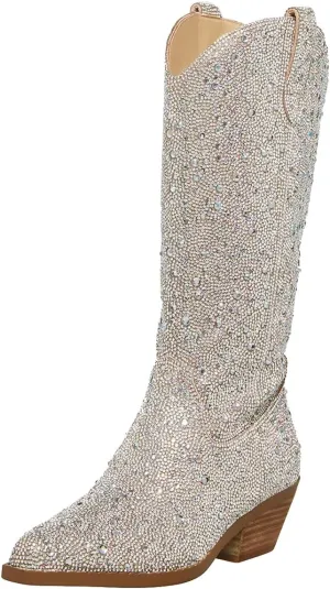 LOCERICH Women Rhinestone Cowgirl Boots Cowboy Ankle Boots Sparkly Glitter Boots Shoes Bling Pointed Toe Chunky Heel 2in Side Zippers Pull On, Wide Calf Friendly for Fashion&Daily US5