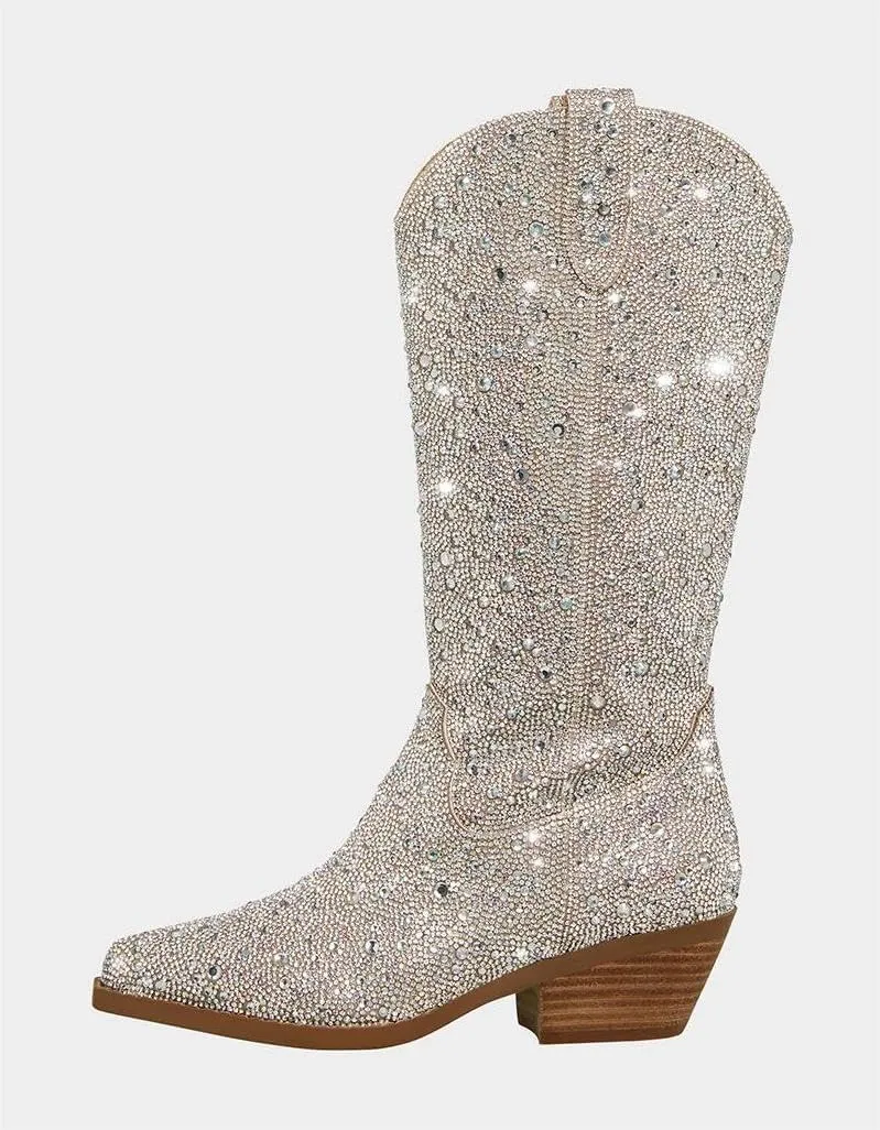 LOCERICH Women Rhinestone Cowgirl Boots Cowboy Ankle Boots Sparkly Glitter Boots Shoes Bling Pointed Toe Chunky Heel 2in Side Zippers Pull On, Wide Calf Friendly for Fashion&Daily US5