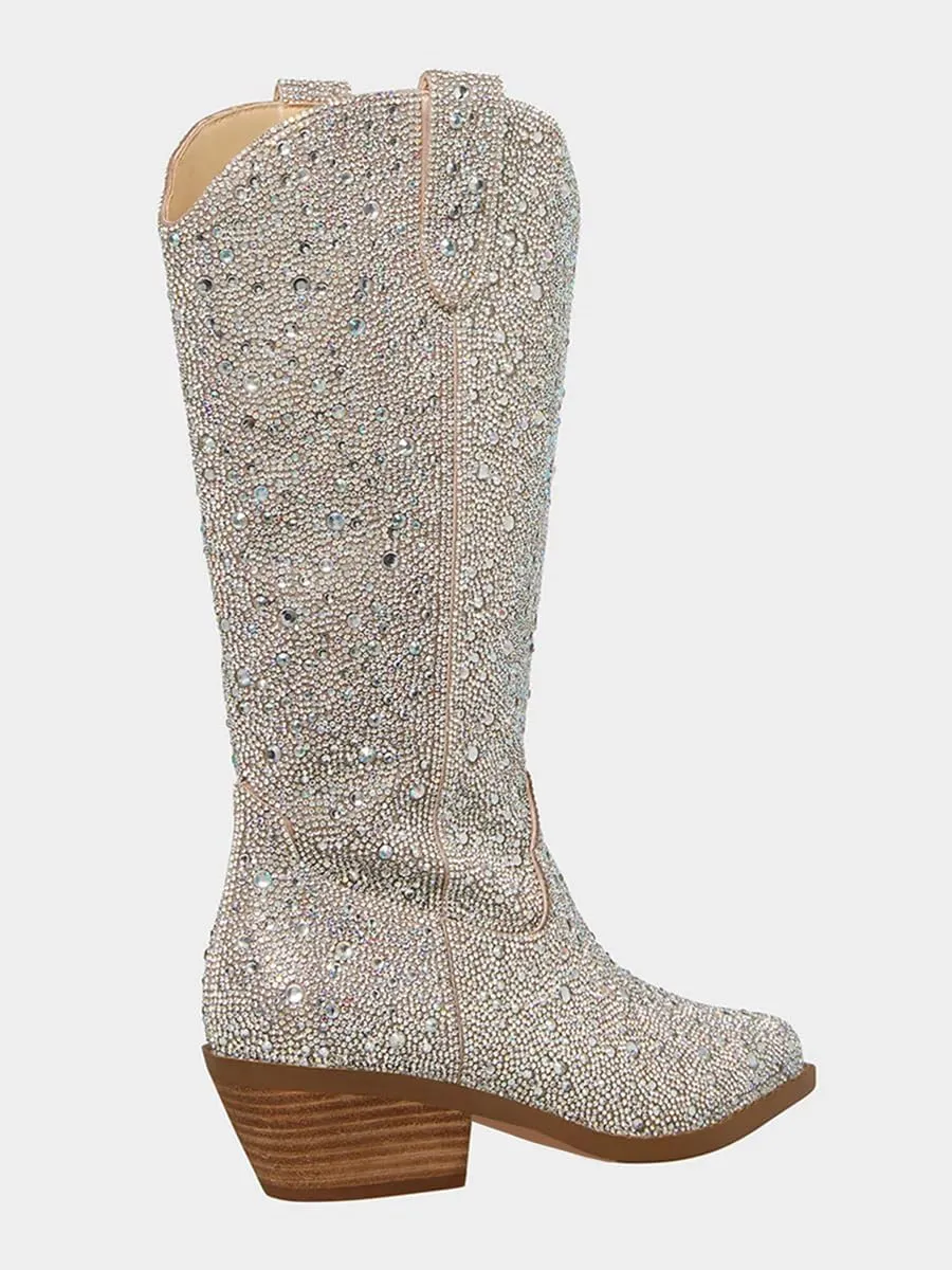 LOCERICH Women Rhinestone Cowgirl Boots Cowboy Ankle Boots Sparkly Glitter Boots Shoes Bling Pointed Toe Chunky Heel 2in Side Zippers Pull On, Wide Calf Friendly for Fashion&Daily US5