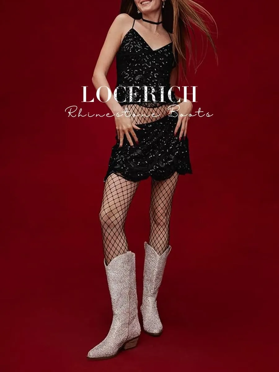 LOCERICH Women Rhinestone Cowgirl Boots Cowboy Ankle Boots Sparkly Glitter Boots Shoes Bling Pointed Toe Chunky Heel 2in Side Zippers Pull On, Wide Calf Friendly for Fashion&Daily US5