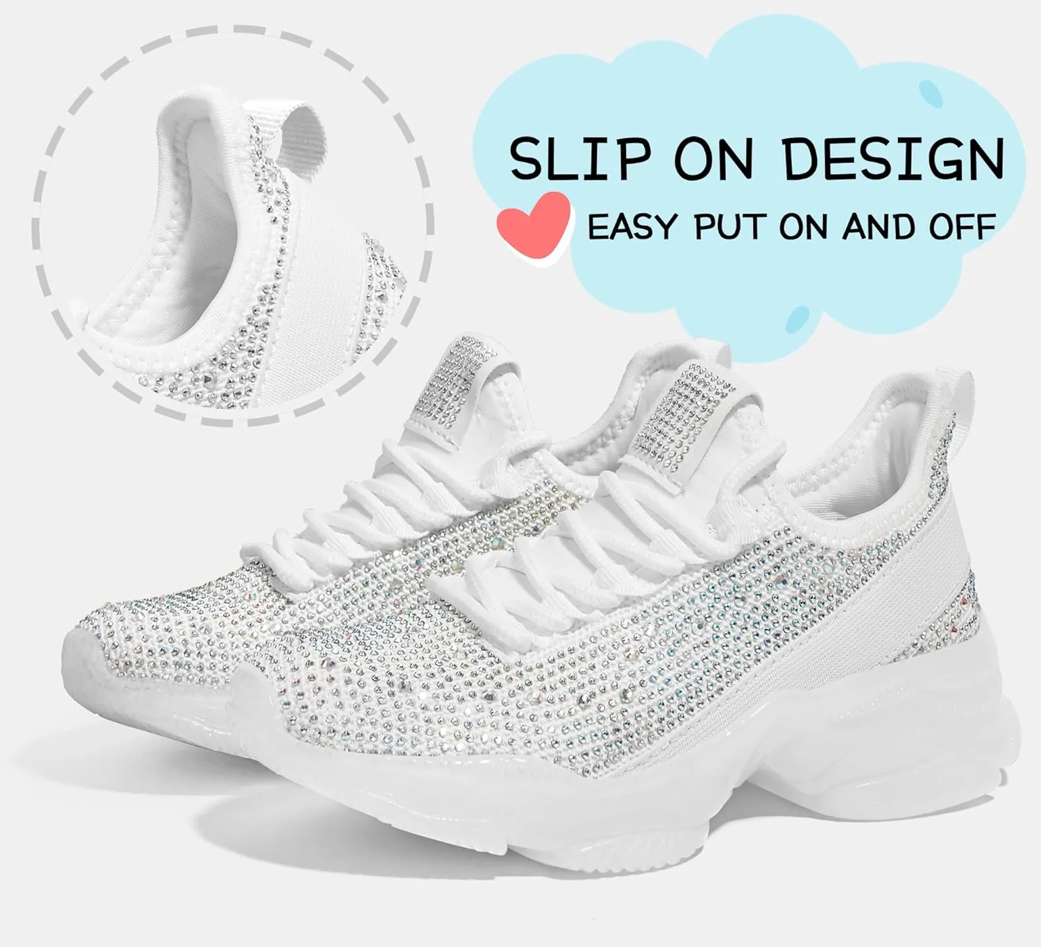 LUCKY STEP Girls Rhinestone Slip On Sneakers Kids Sparkly Lightweight Tennis School Knit Jelly Sole Glitter Walking Shoes Toddler