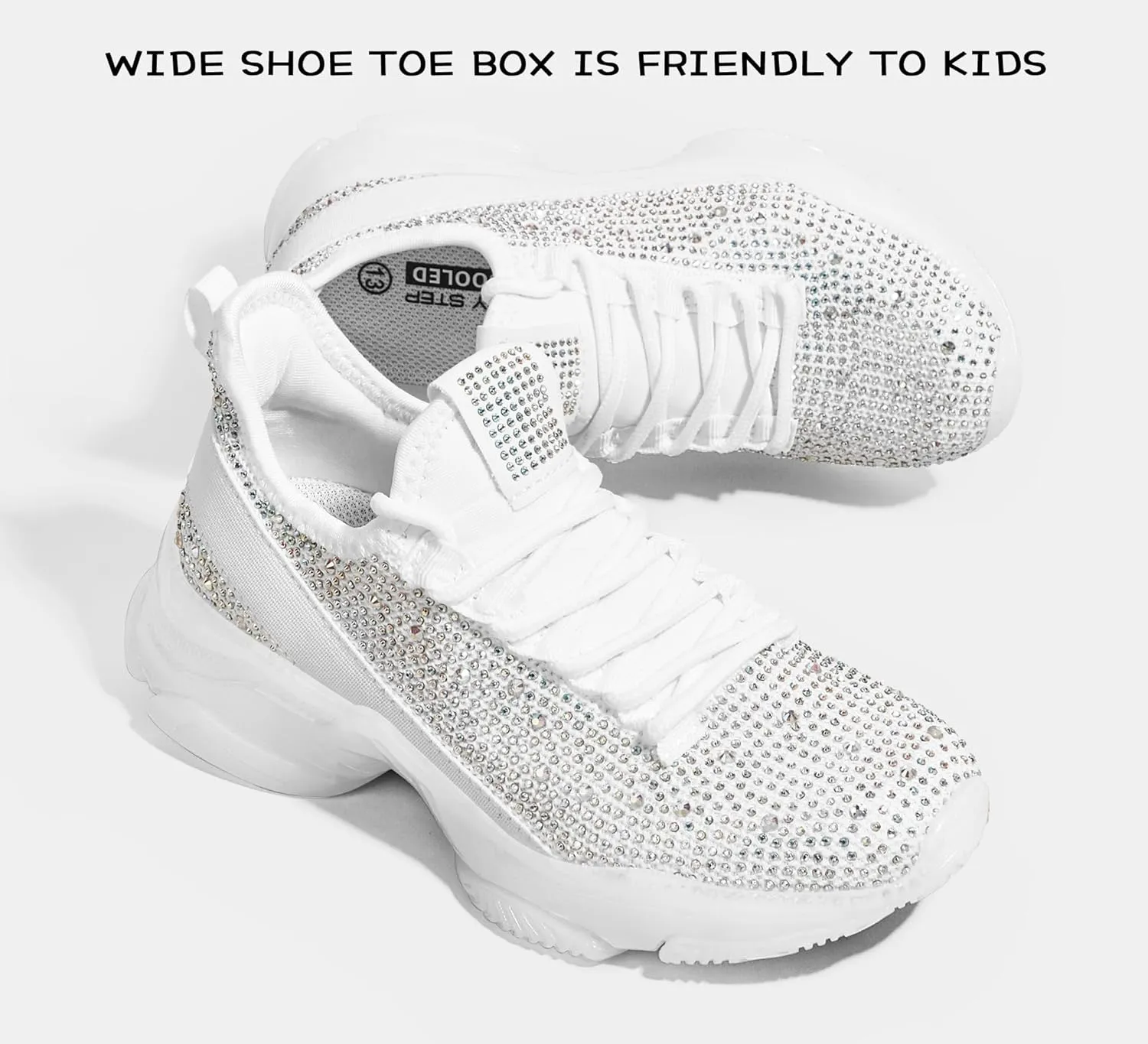 LUCKY STEP Girls Rhinestone Slip On Sneakers Kids Sparkly Lightweight Tennis School Knit Jelly Sole Glitter Walking Shoes Toddler