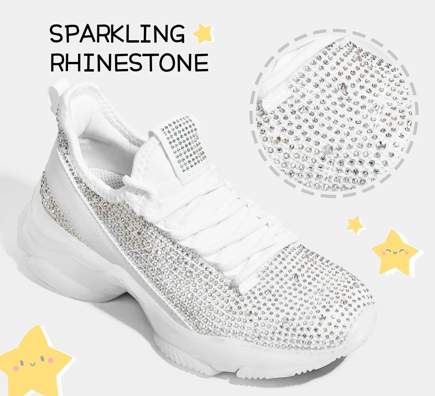 LUCKY STEP Girls Rhinestone Slip On Sneakers Kids Sparkly Lightweight Tennis School Knit Jelly Sole Glitter Walking Shoes Toddler