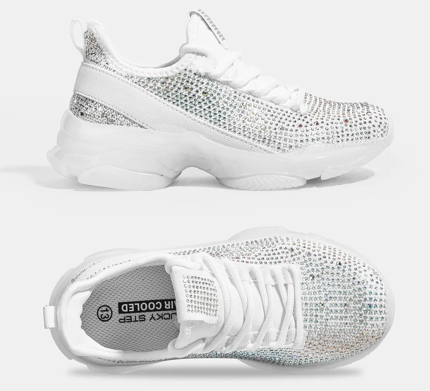LUCKY STEP Girls Rhinestone Slip On Sneakers Kids Sparkly Lightweight Tennis School Knit Jelly Sole Glitter Walking Shoes Toddler