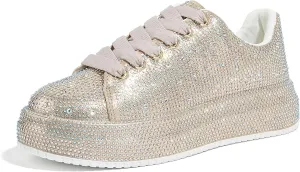 LUCKY STEP Rhinestone Sneakers for Women Platform Sparkly Glitter Bling Tennis Shoes Fashion Bedazzled Wedding Bridal Party Walking Sneakers