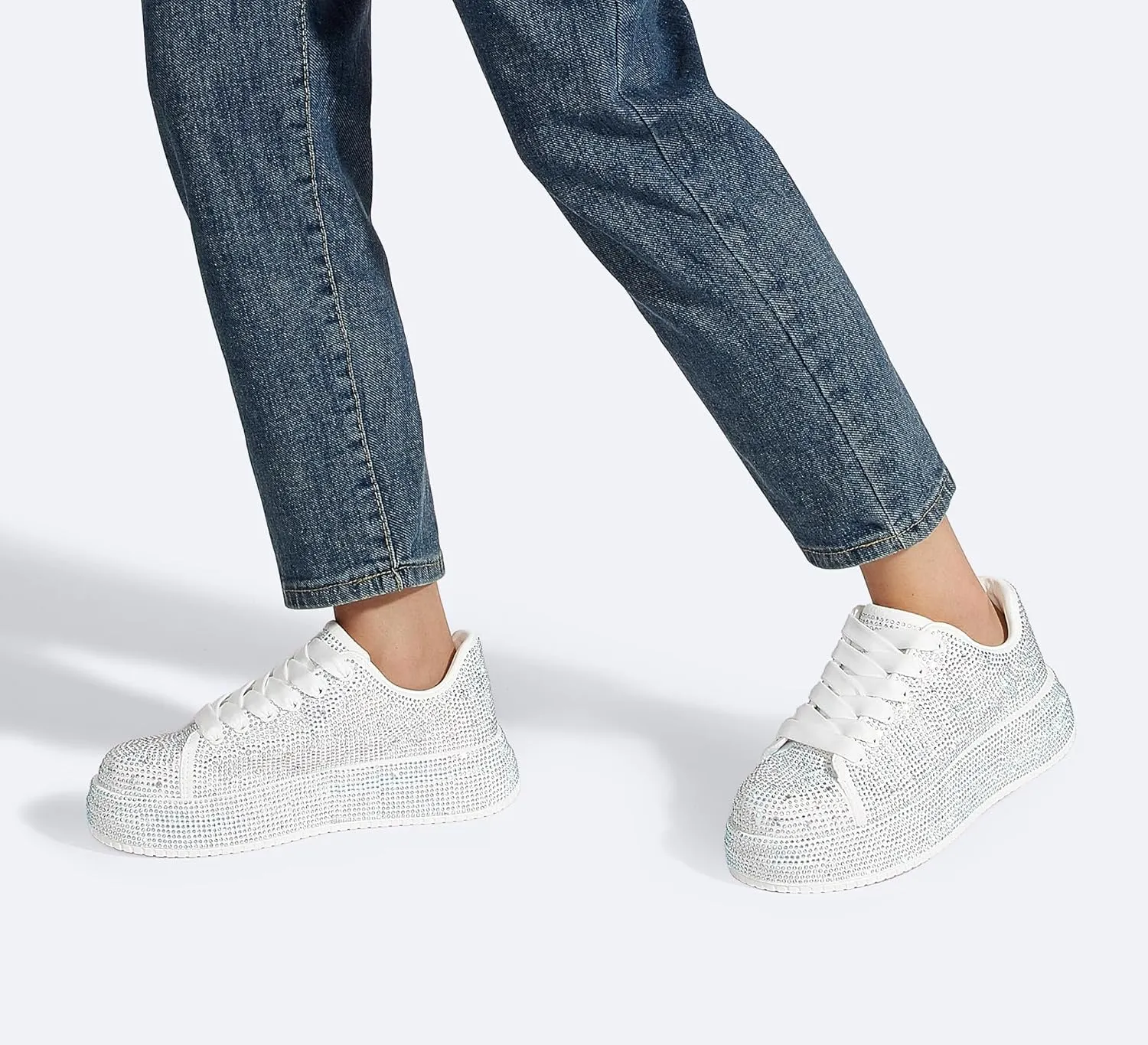 LUCKY STEP Rhinestone Sneakers for Women Platform Sparkly Glitter Bling Tennis Shoes Fashion Bedazzled Wedding Bridal Party Walking Sneakers