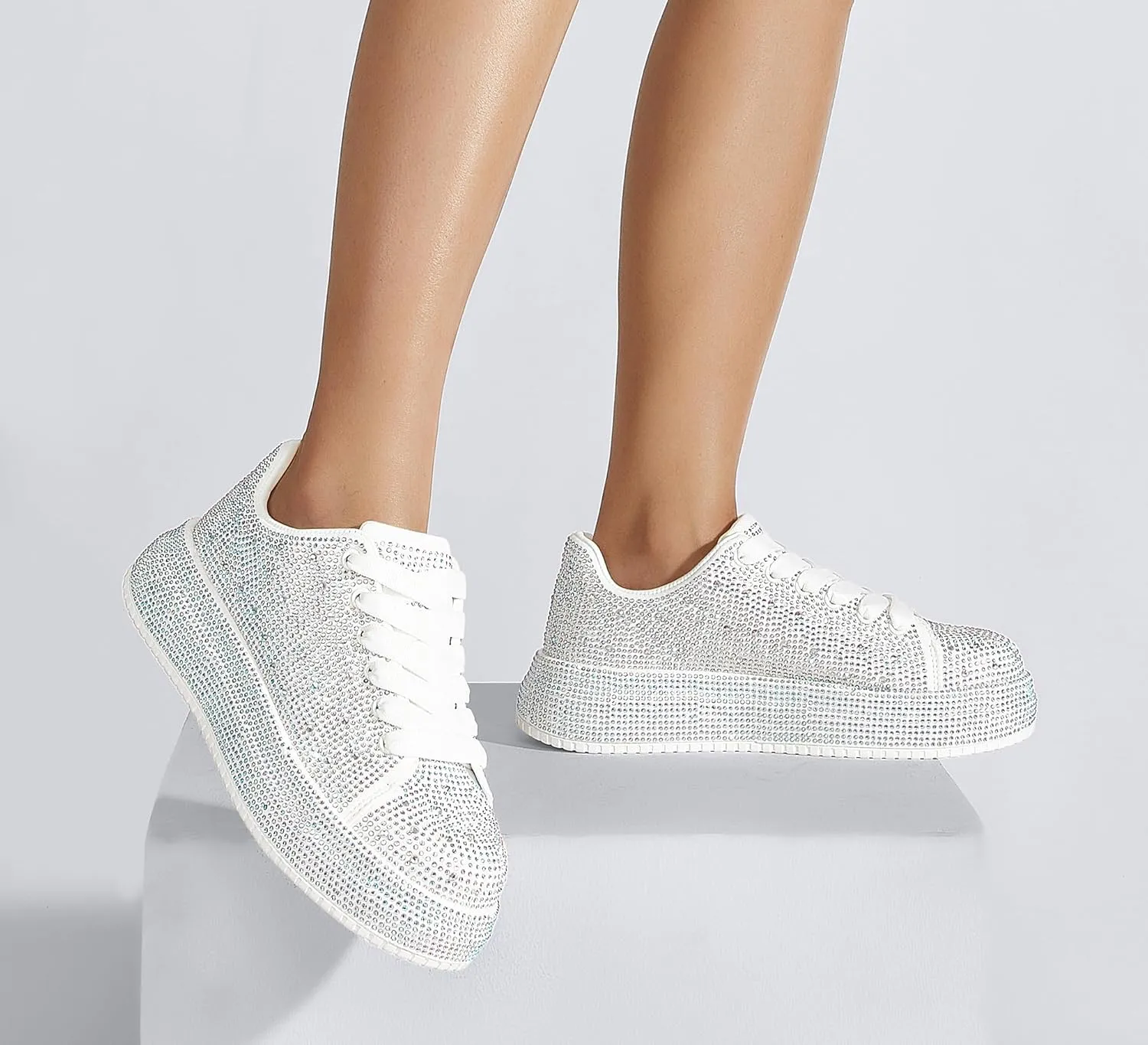 LUCKY STEP Rhinestone Sneakers for Women Platform Sparkly Glitter Bling Tennis Shoes Fashion Bedazzled Wedding Bridal Party Walking Sneakers