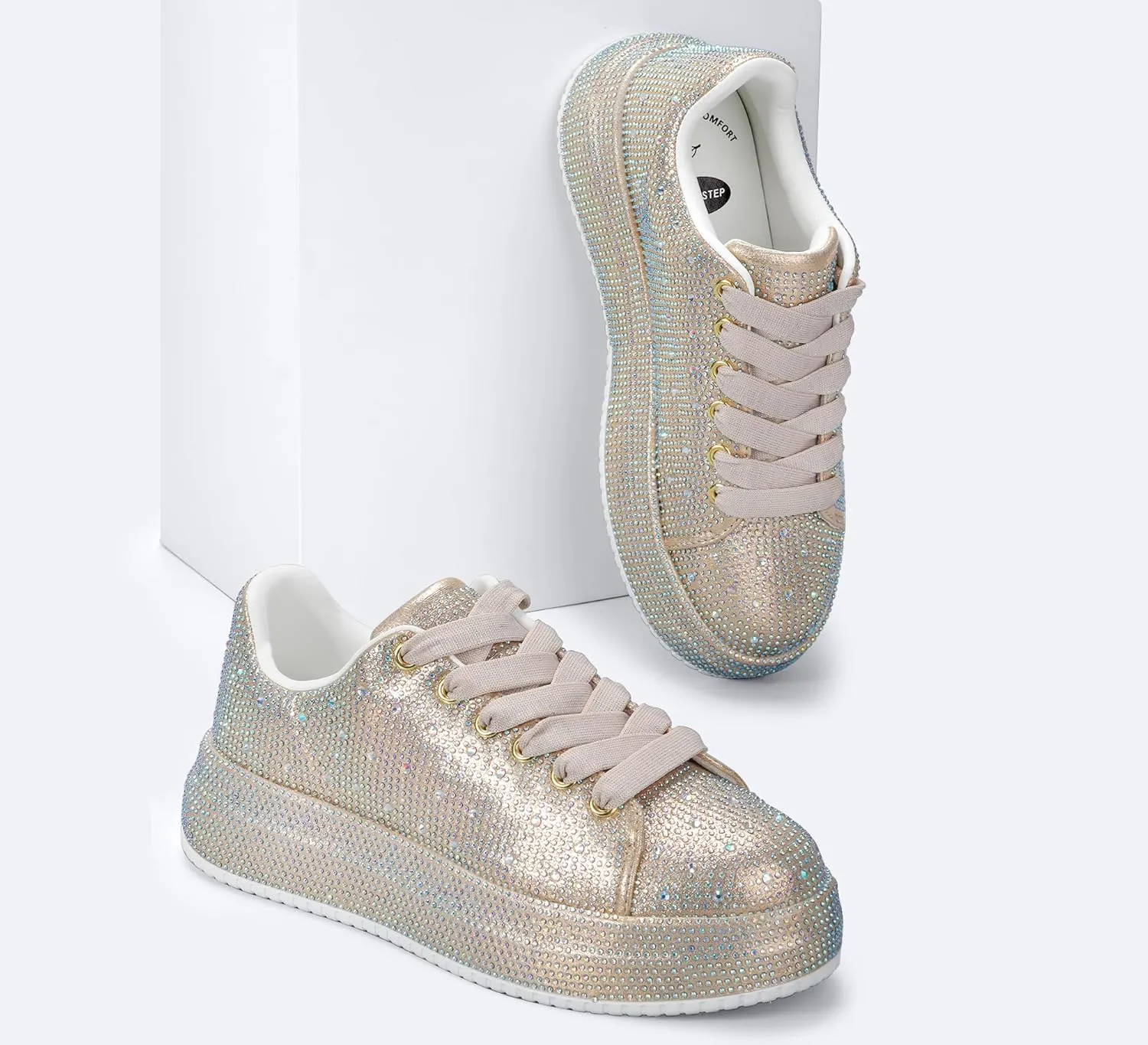 LUCKY STEP Rhinestone Sneakers for Women Platform Sparkly Glitter Bling Tennis Shoes Fashion Bedazzled Wedding Bridal Party Walking Sneakers