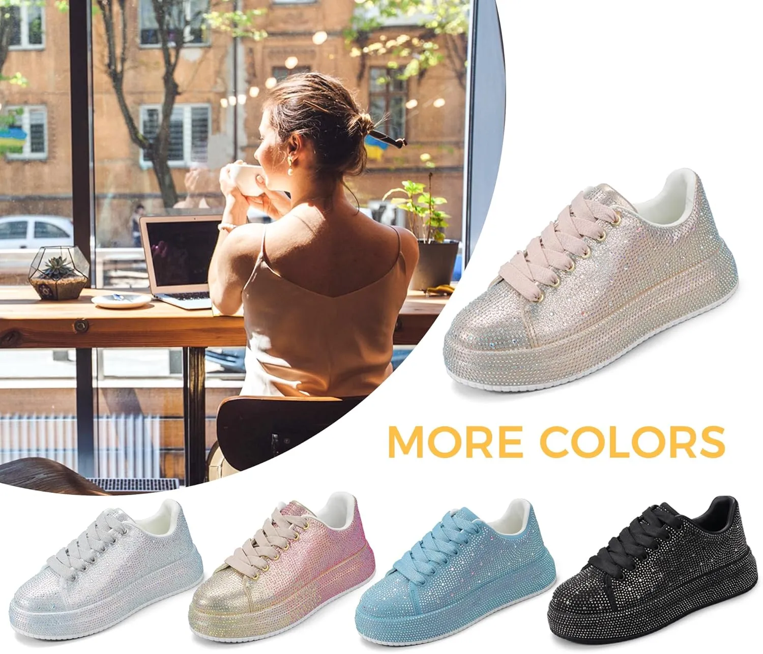 LUCKY STEP Rhinestone Sneakers for Women Platform Sparkly Glitter Bling Tennis Shoes Fashion Bedazzled Wedding Bridal Party Walking Sneakers