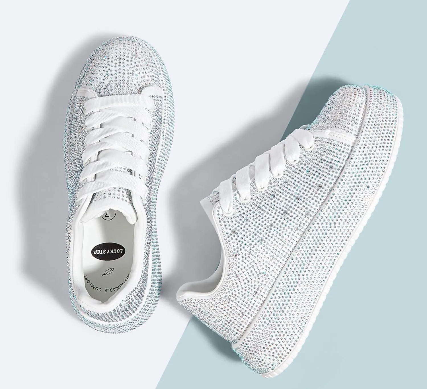 LUCKY STEP Rhinestone Sneakers for Women Platform Sparkly Glitter Bling Tennis Shoes Fashion Bedazzled Wedding Bridal Party Walking Sneakers