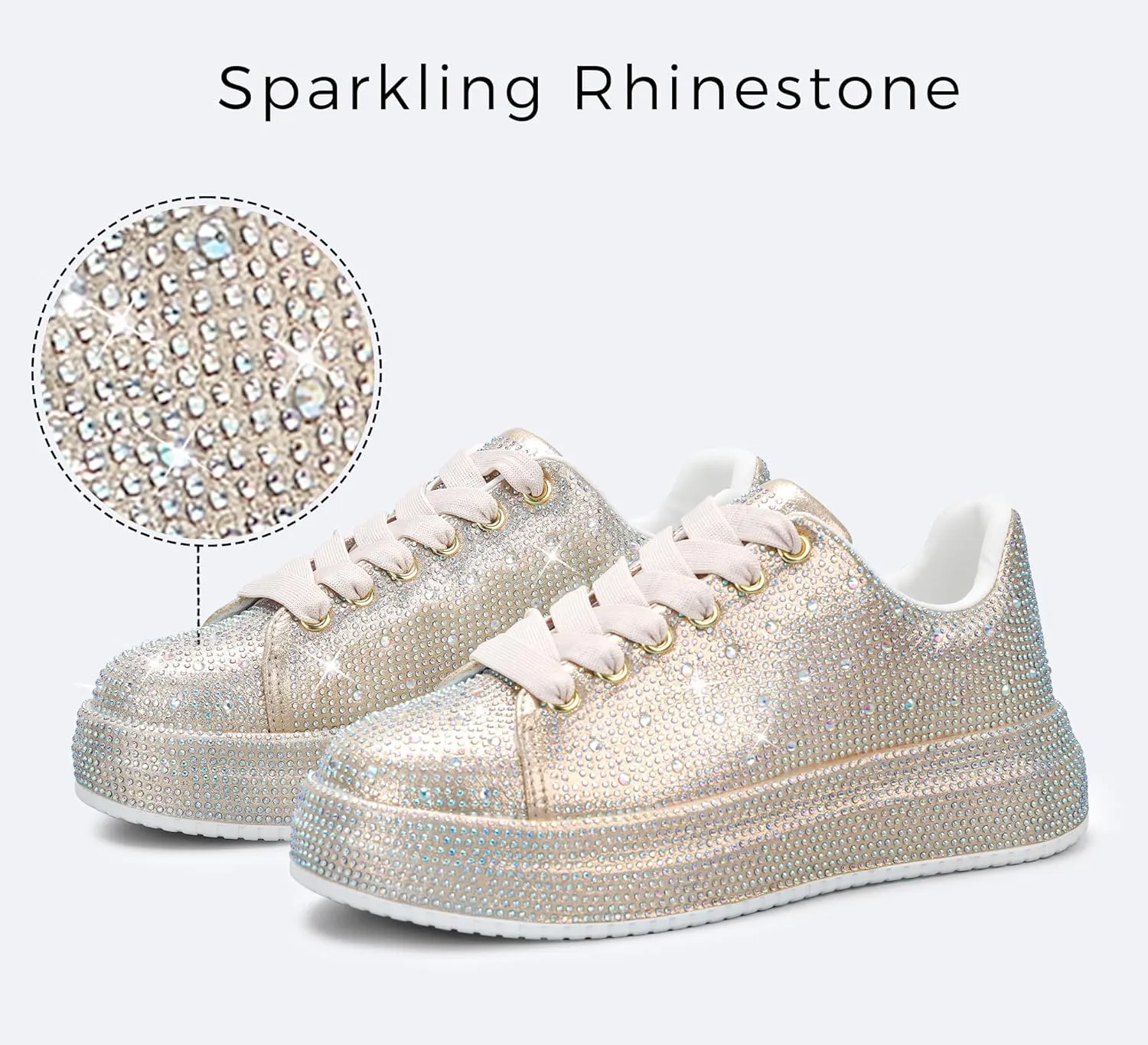 LUCKY STEP Rhinestone Sneakers for Women Platform Sparkly Glitter Bling Tennis Shoes Fashion Bedazzled Wedding Bridal Party Walking Sneakers