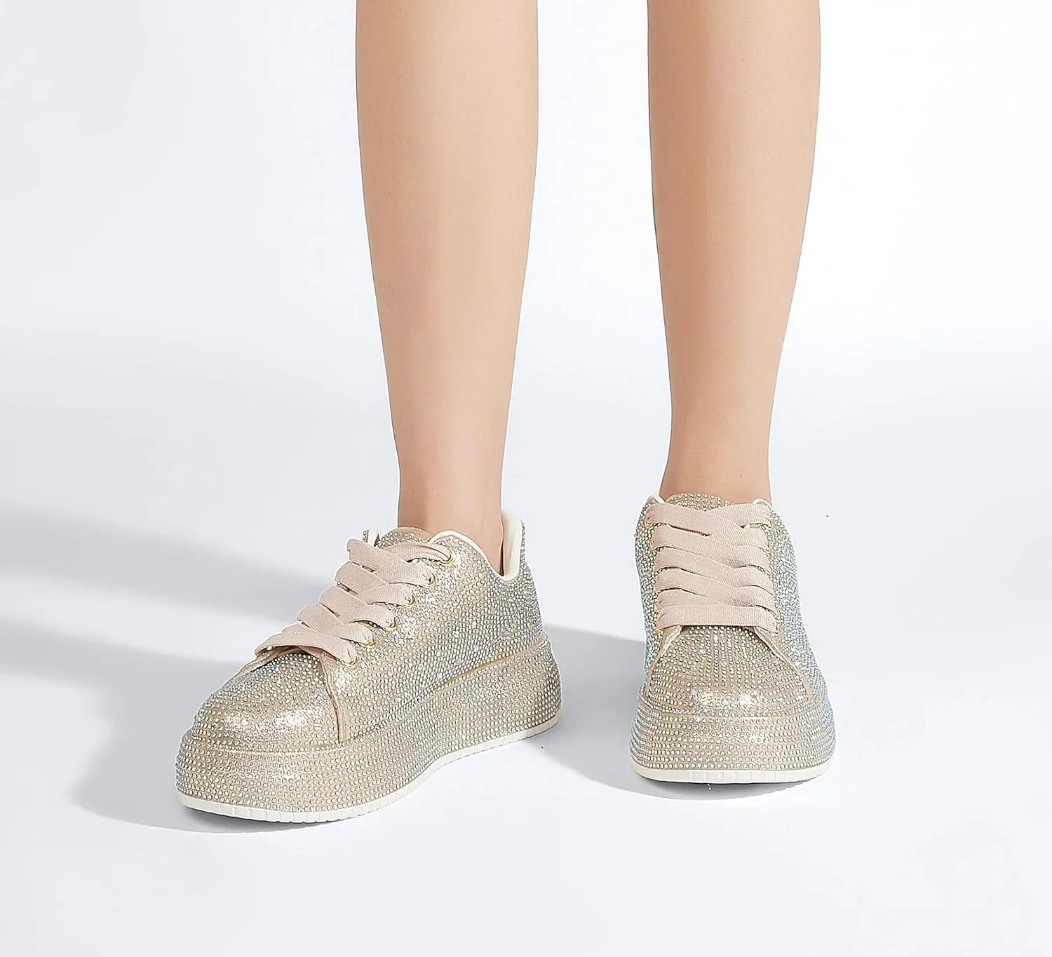 LUCKY STEP Rhinestone Sneakers for Women Platform Sparkly Glitter Bling Tennis Shoes Fashion Bedazzled Wedding Bridal Party Walking Sneakers