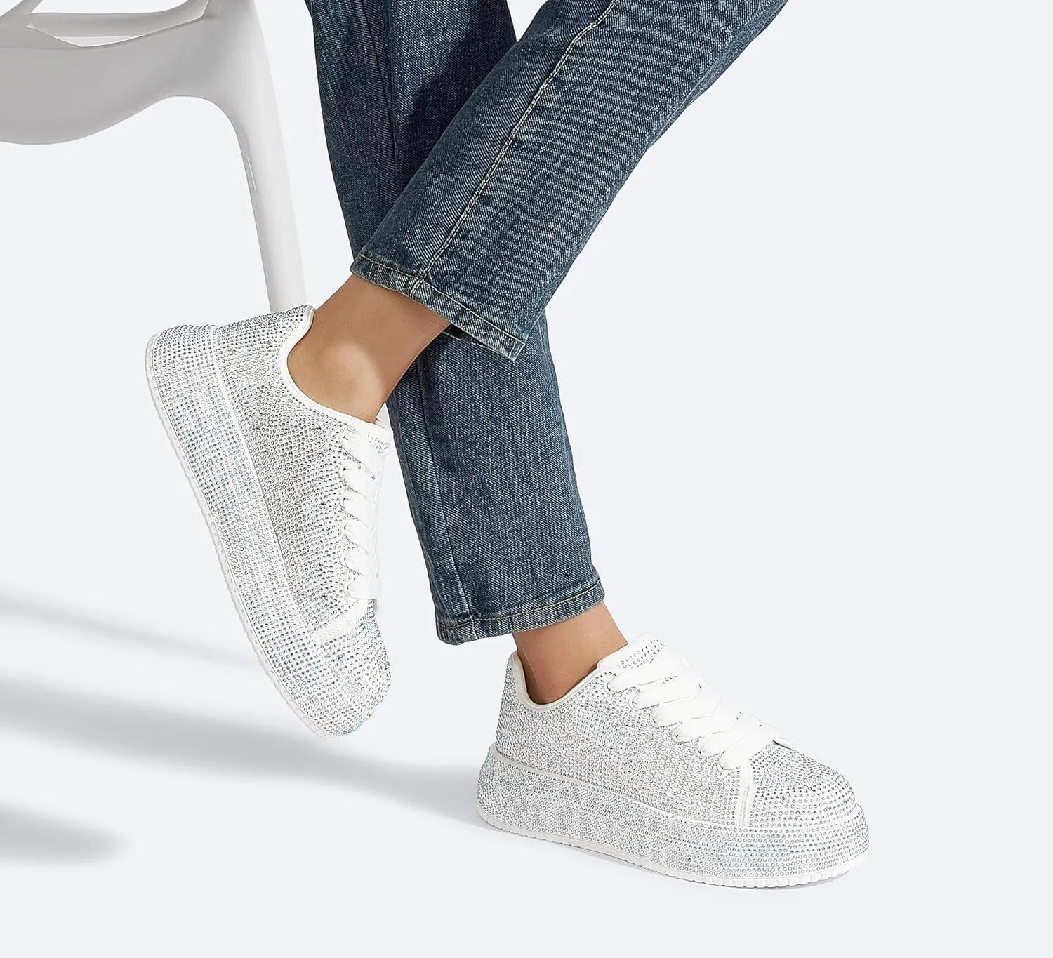 LUCKY STEP Rhinestone Sneakers for Women Platform Sparkly Glitter Bling Tennis Shoes Fashion Bedazzled Wedding Bridal Party Walking Sneakers