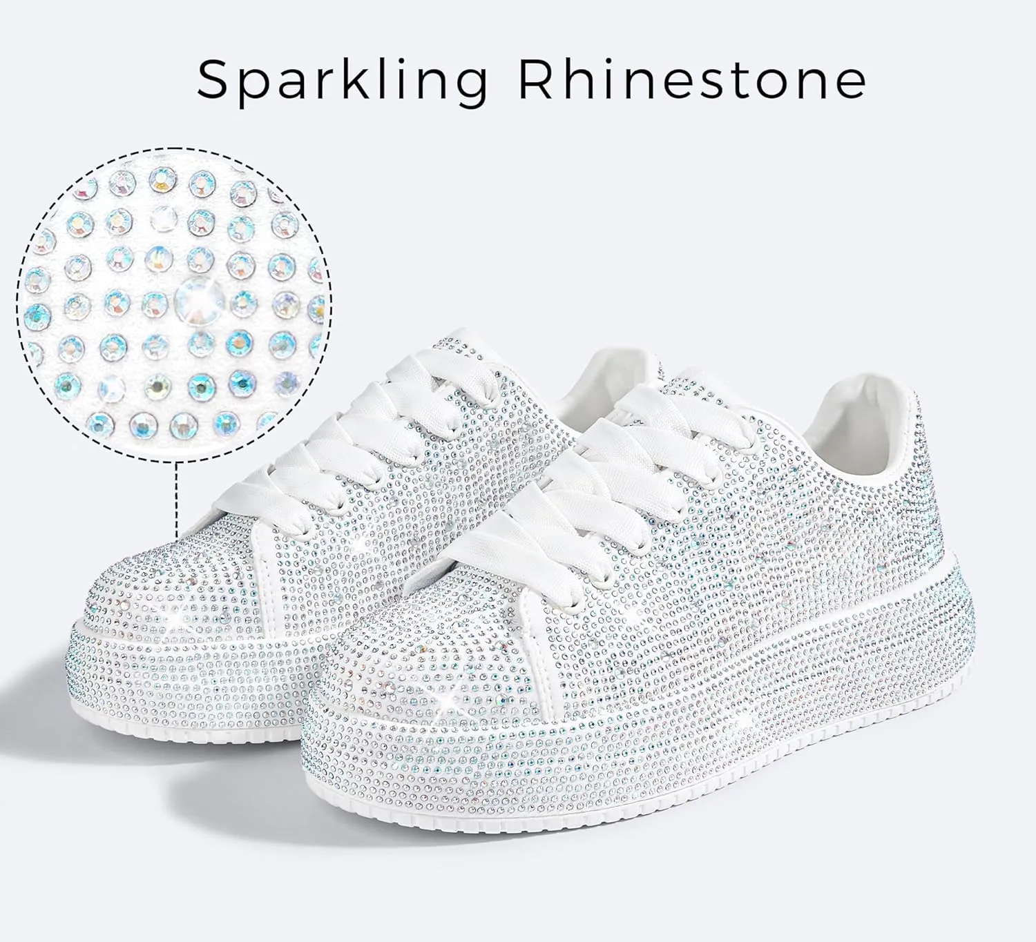 LUCKY STEP Rhinestone Sneakers for Women Platform Sparkly Glitter Bling Tennis Shoes Fashion Bedazzled Wedding Bridal Party Walking Sneakers