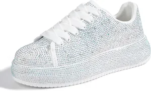 LUCKY STEP Rhinestone Sneakers for Women Platform Sparkly Glitter Bling Tennis Shoes Fashion Bedazzled Wedding Bridal Party Walking Sneakers