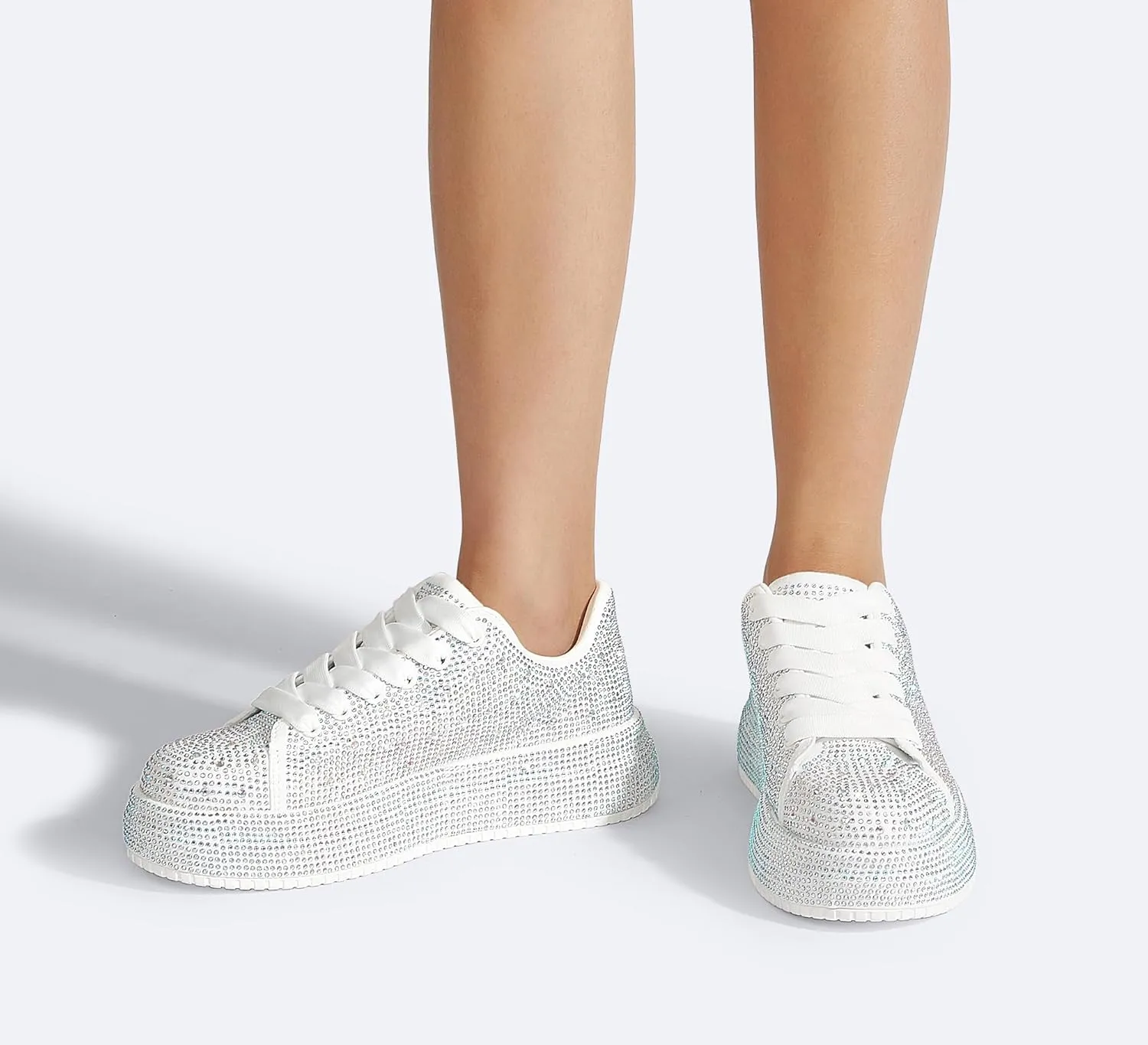 LUCKY STEP Rhinestone Sneakers for Women Platform Sparkly Glitter Bling Tennis Shoes Fashion Bedazzled Wedding Bridal Party Walking Sneakers