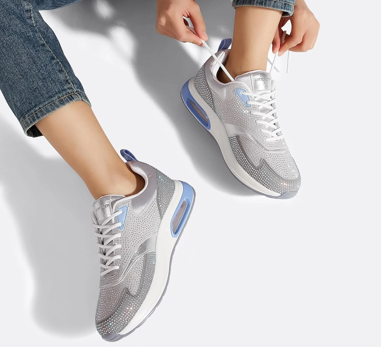 LUCKY STEP Women's Air Cushion Sneakers Rhinestone Fashion Running Gym Jogging Casual Sparkly Arch Support Walking Shoes