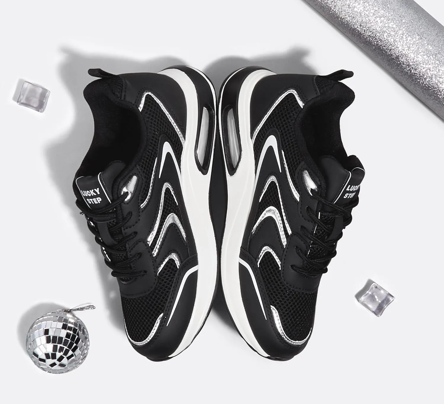 LUCKY STEP Women's Air Cushion Sneakers Rhinestone Fashion Running Gym Jogging Casual Sparkly Arch Support Walking Shoes