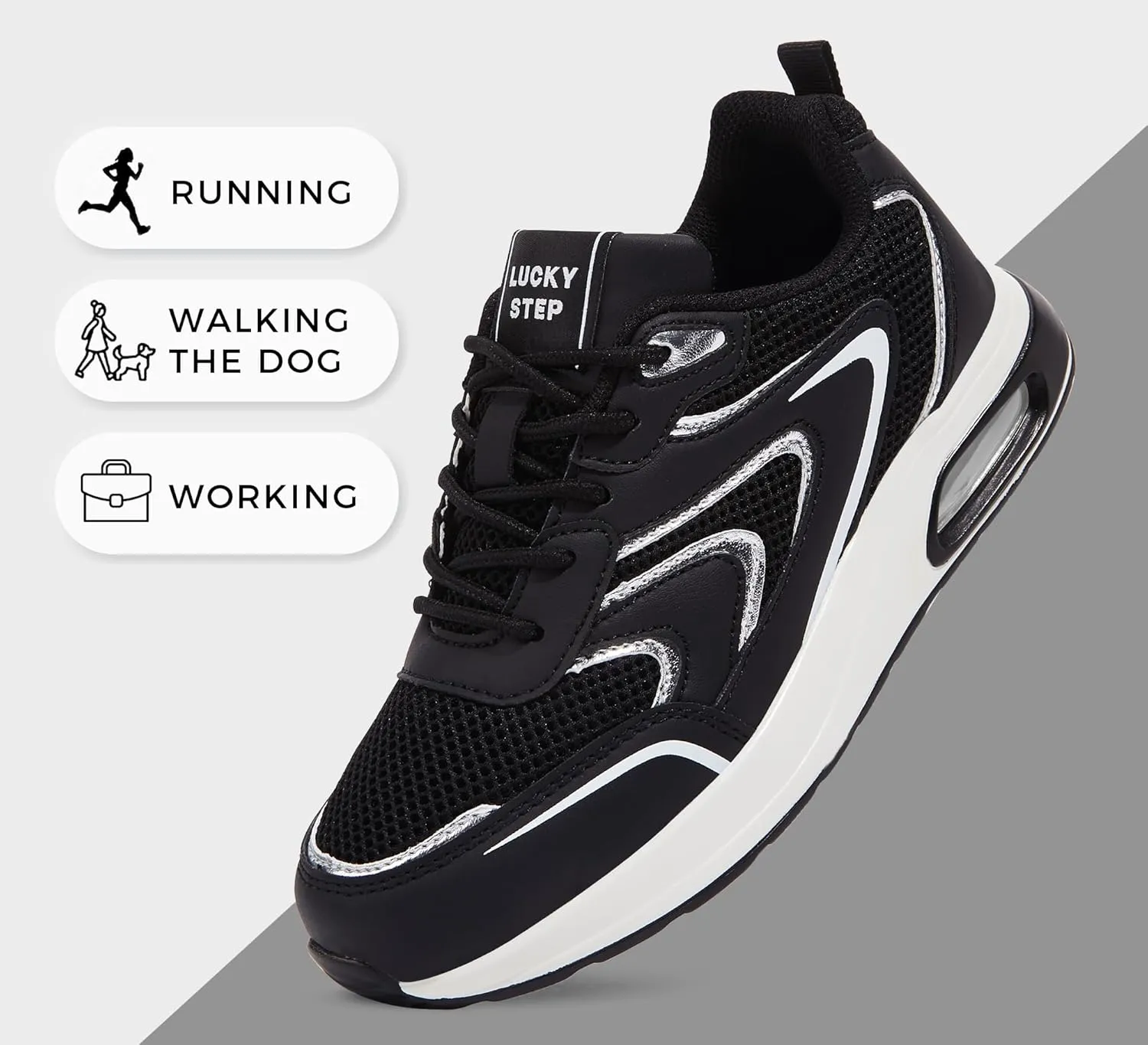 LUCKY STEP Women's Air Cushion Sneakers Rhinestone Fashion Running Gym Jogging Casual Sparkly Arch Support Walking Shoes