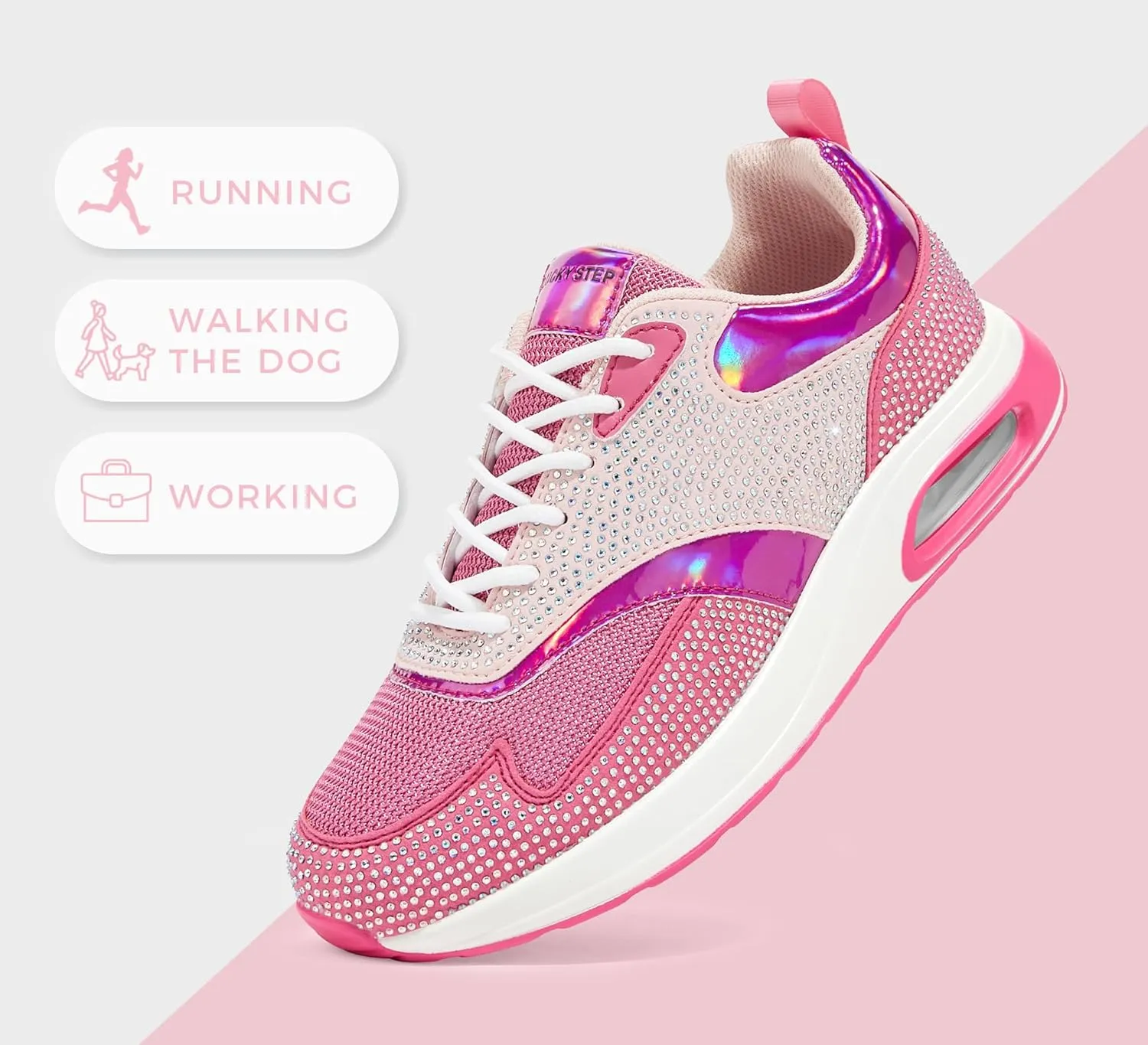 LUCKY STEP Women's Air Cushion Sneakers Rhinestone Fashion Running Gym Jogging Casual Sparkly Arch Support Walking Shoes