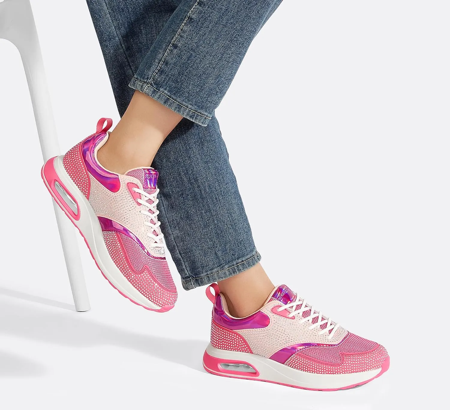 LUCKY STEP Women's Air Cushion Sneakers Rhinestone Fashion Running Gym Jogging Casual Sparkly Arch Support Walking Shoes