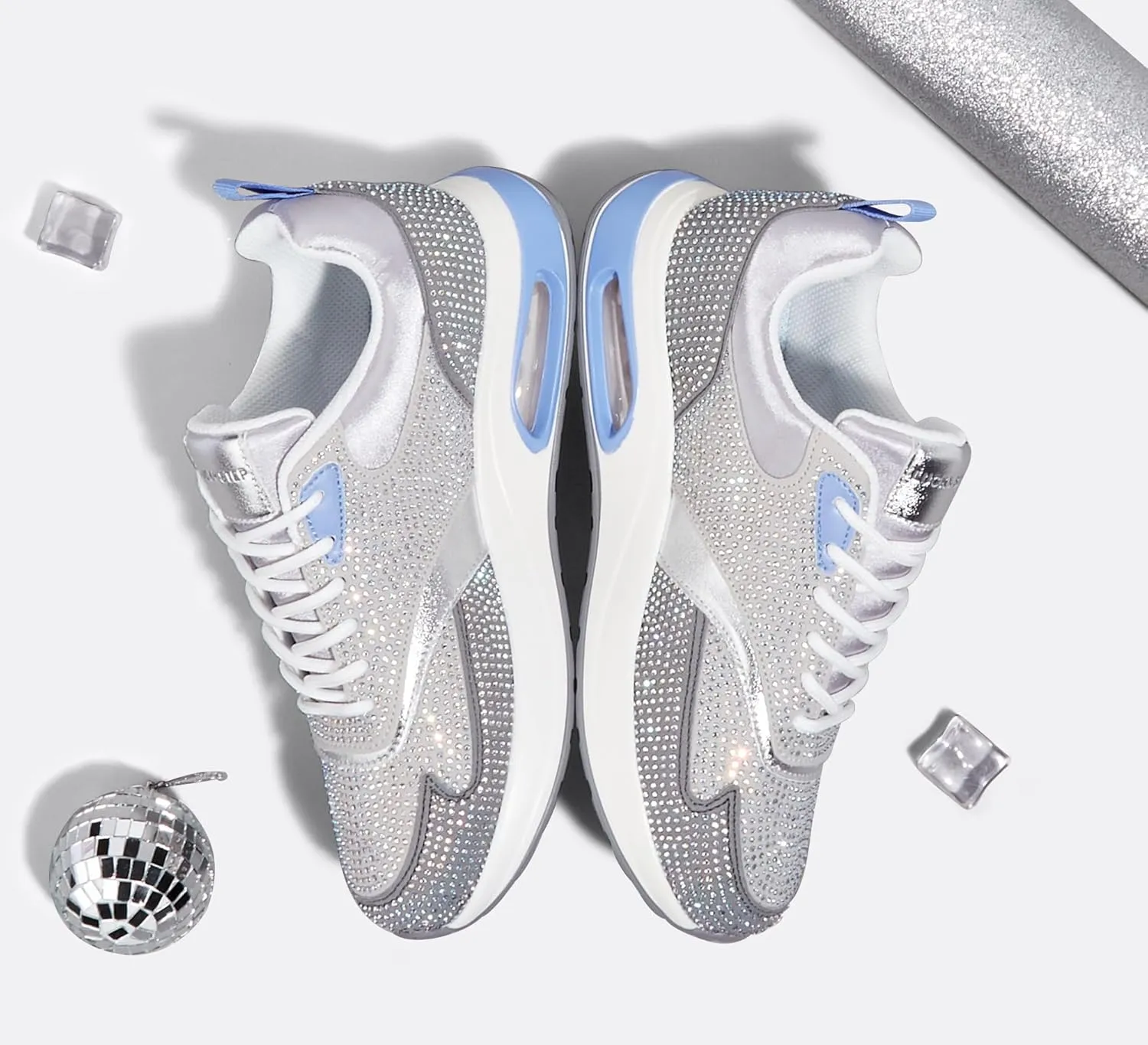 LUCKY STEP Women's Air Cushion Sneakers Rhinestone Fashion Running Gym Jogging Casual Sparkly Arch Support Walking Shoes