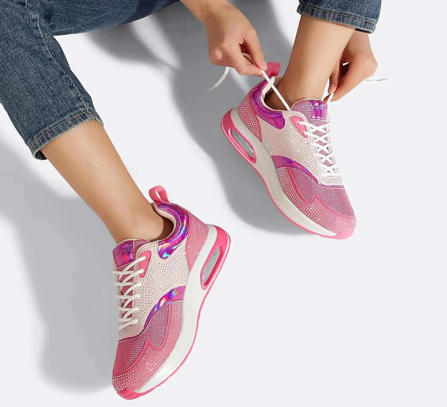 LUCKY STEP Women's Air Cushion Sneakers Rhinestone Fashion Running Gym Jogging Casual Sparkly Arch Support Walking Shoes