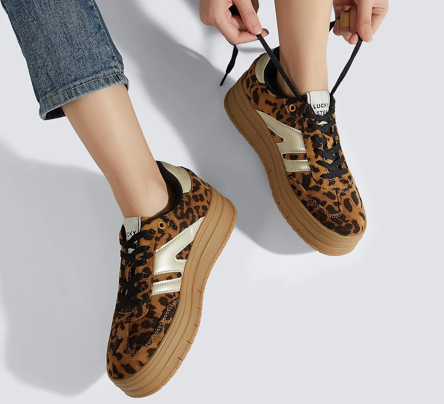 LUCKY STEP Women's Platform Gum Thick Sole Fashion Sneakers Classic Retro Rubber Low Top Casual Tennis Skate Walking Shoes